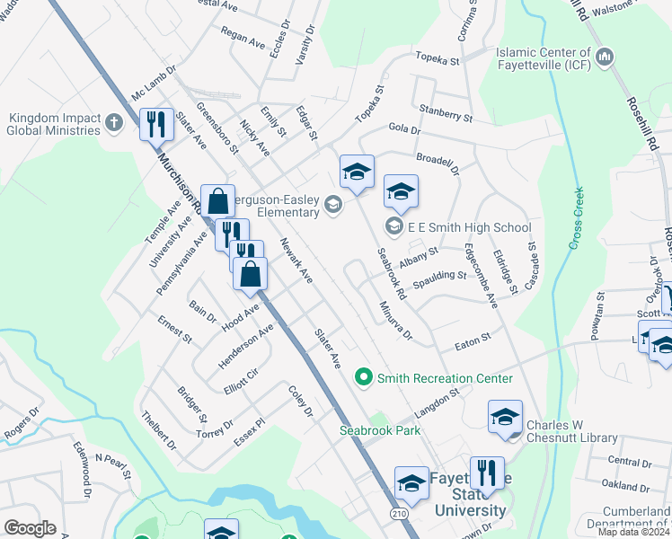 map of restaurants, bars, coffee shops, grocery stores, and more near 1718 Patterson Circle in Fayetteville
