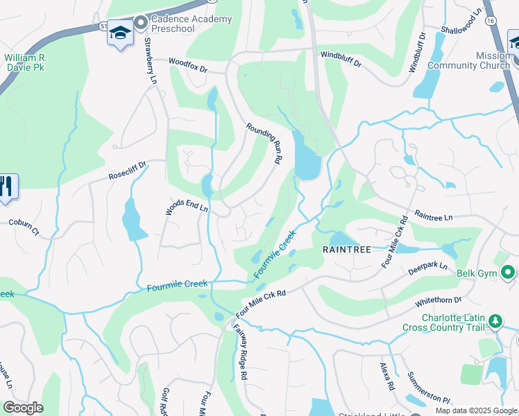 map of restaurants, bars, coffee shops, grocery stores, and more near 4741 Rounding Run Road in Charlotte