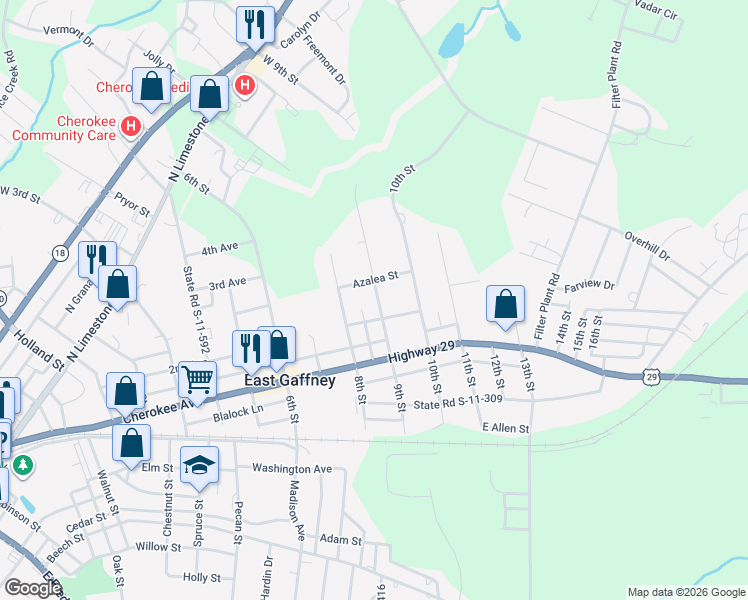 map of restaurants, bars, coffee shops, grocery stores, and more near 903 9th Street in Gaffney