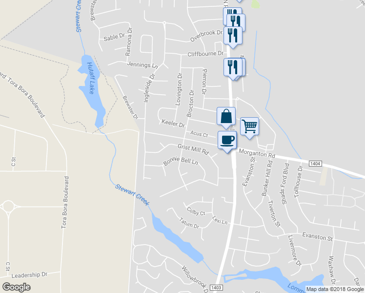 map of restaurants, bars, coffee shops, grocery stores, and more near 6601 Gristmill Road in Fayetteville