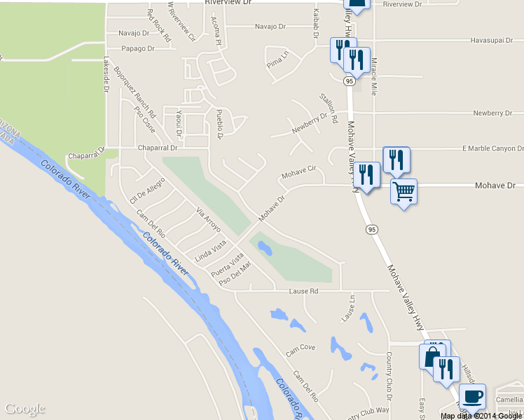 map of restaurants, bars, coffee shops, grocery stores, and more near 1275 Mohave Drive in Bullhead City