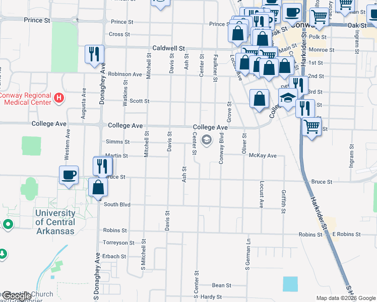 map of restaurants, bars, coffee shops, grocery stores, and more near 403 Center Street in Conway