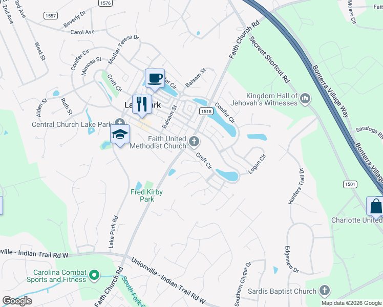 map of restaurants, bars, coffee shops, grocery stores, and more near 3708 Faith Church Road in Indian Trail