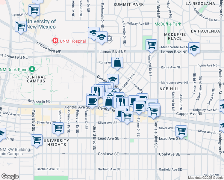 map of restaurants, bars, coffee shops, grocery stores, and more near 3211 Monte Vista Boulevard Northeast in Albuquerque
