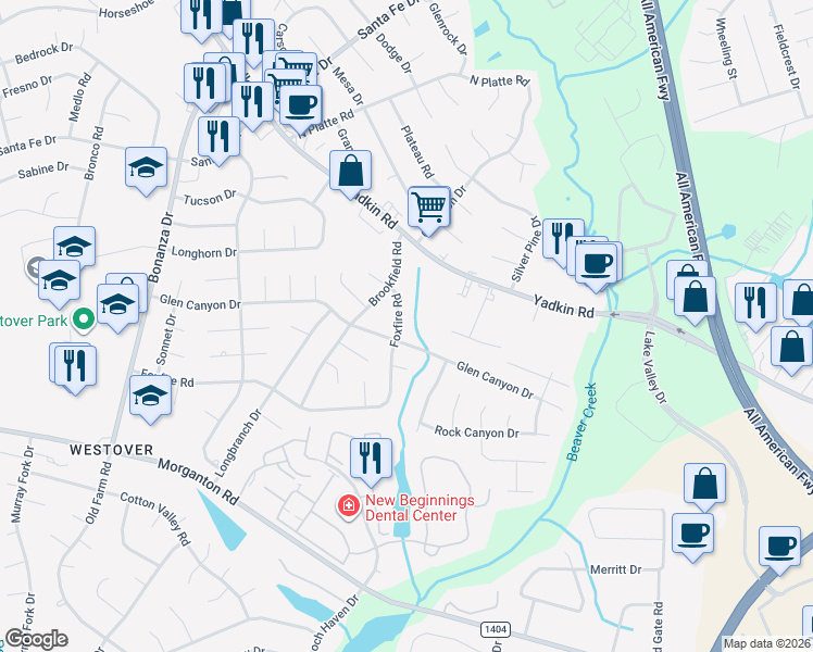 map of restaurants, bars, coffee shops, grocery stores, and more near 5306 Foxfire Road in Fayetteville