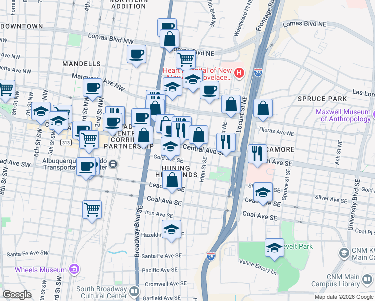 map of restaurants, bars, coffee shops, grocery stores, and more near in Albuquerque
