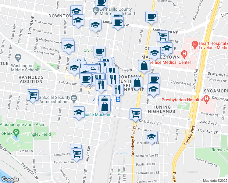 map of restaurants, bars, coffee shops, grocery stores, and more near in Albuquerque