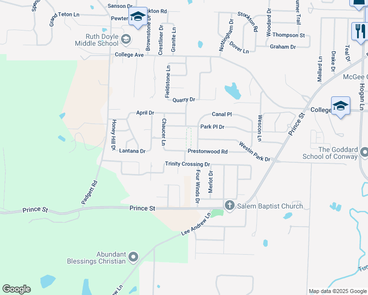 map of restaurants, bars, coffee shops, grocery stores, and more near 5115 Galleria Cove in Conway