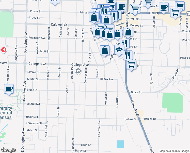 map of restaurants, bars, coffee shops, grocery stores, and more near 407 Oliver Street in Conway