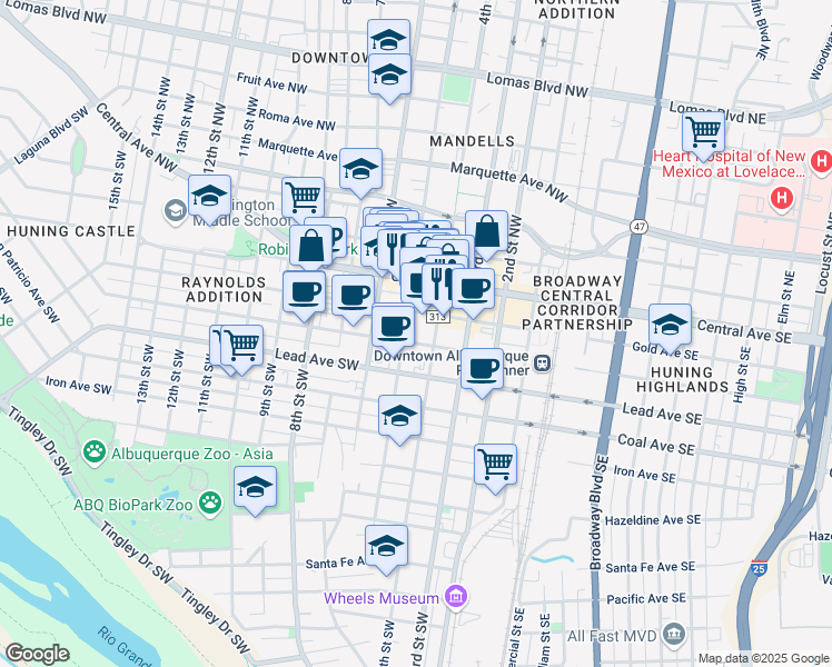 map of restaurants, bars, coffee shops, grocery stores, and more near 415 Silver Avenue Southwest in Albuquerque