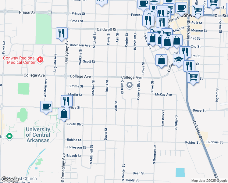 map of restaurants, bars, coffee shops, grocery stores, and more near 403 Center Street in Conway
