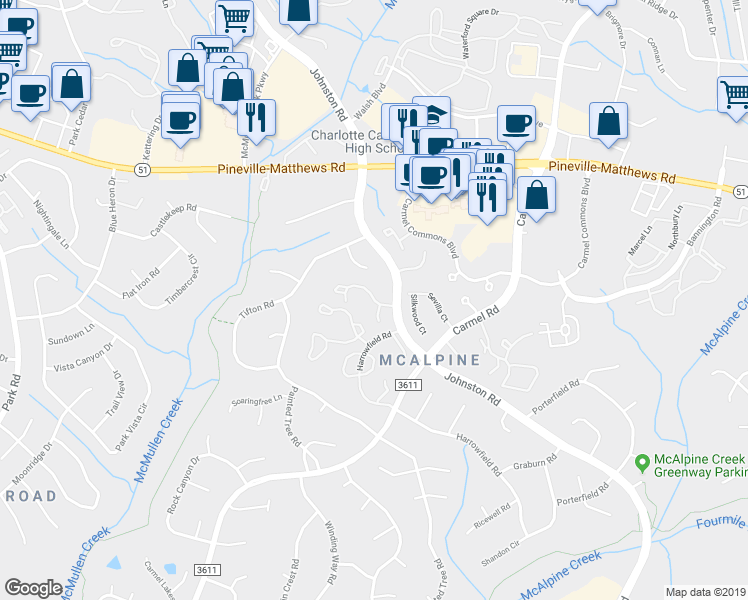 map of restaurants, bars, coffee shops, grocery stores, and more near 11002 Carmel Crossing Road in Charlotte