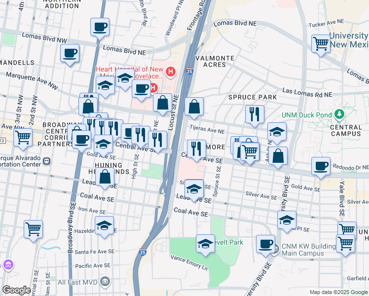 map of restaurants, bars, coffee shops, grocery stores, and more near Pan American Fwy in Albuquerque