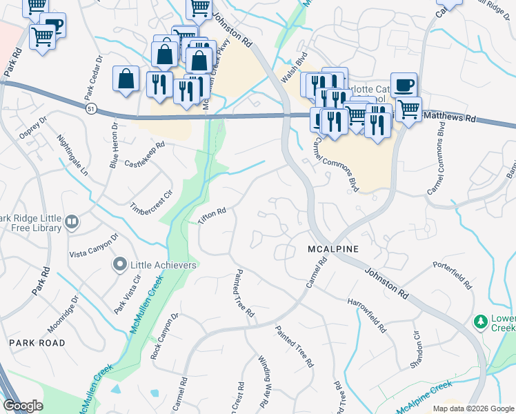 map of restaurants, bars, coffee shops, grocery stores, and more near 11020 Carmel Crossing Road in Charlotte