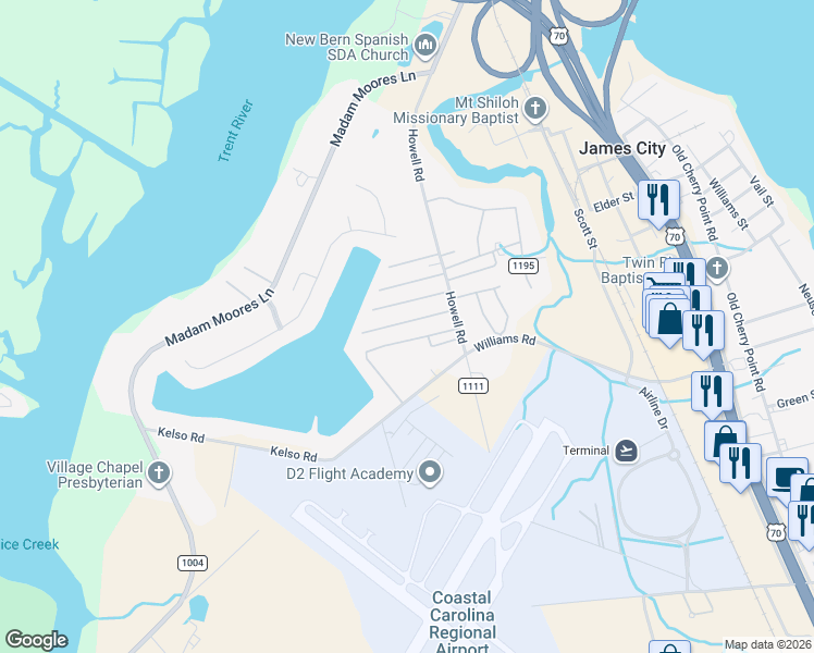 map of restaurants, bars, coffee shops, grocery stores, and more near 1 Howell Road in New Bern