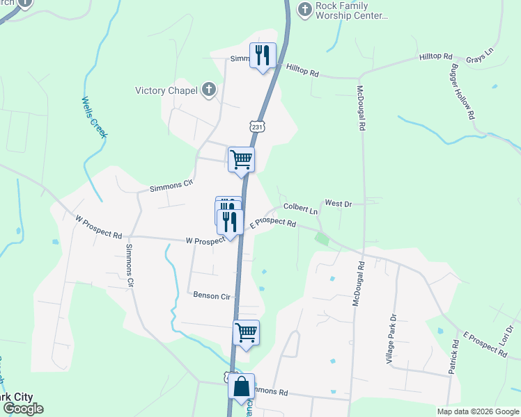 map of restaurants, bars, coffee shops, grocery stores, and more near 8 East Prospect Road in Fayetteville