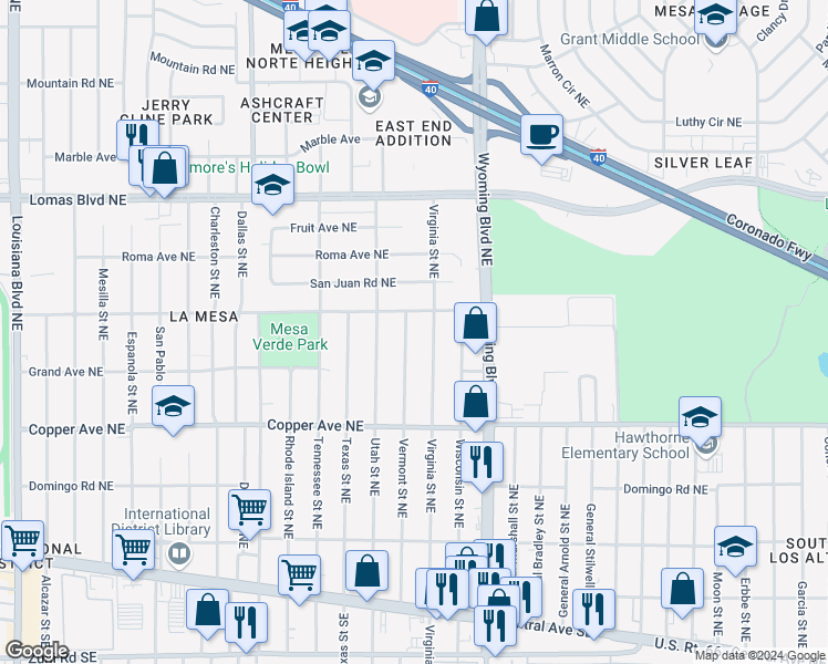 map of restaurants, bars, coffee shops, grocery stores, and more near 547 Virginia Street Northeast in Albuquerque