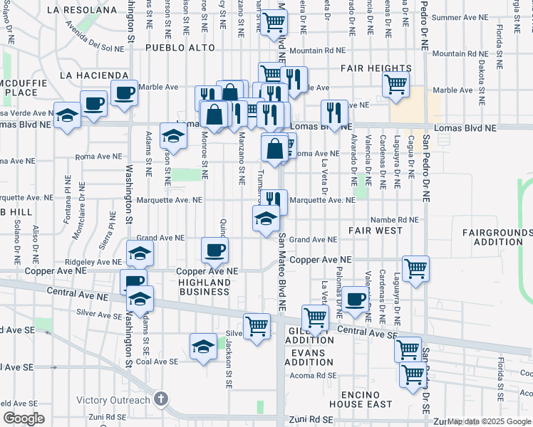 map of restaurants, bars, coffee shops, grocery stores, and more near 334 Truman Street Northeast in Albuquerque