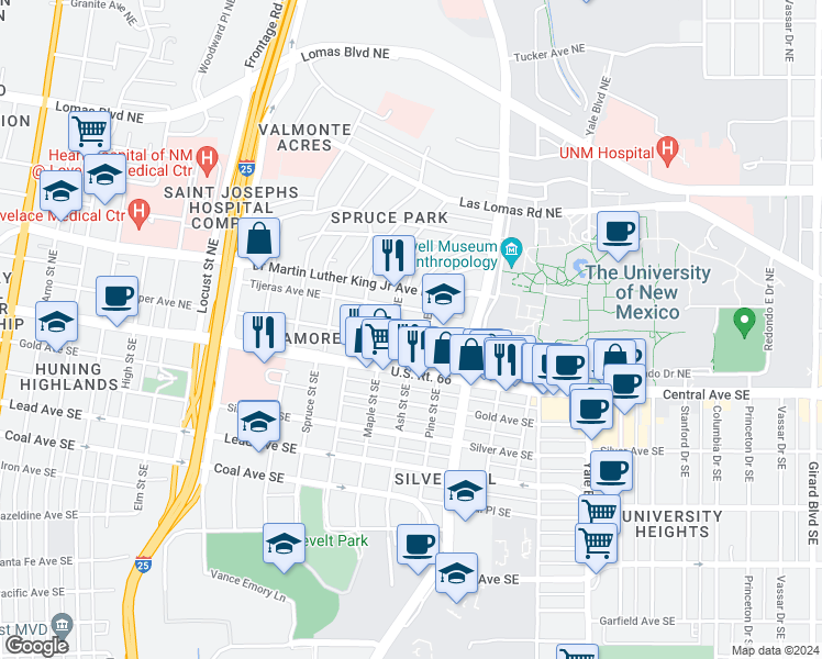 map of restaurants, bars, coffee shops, grocery stores, and more near 1516 Tijeras Avenue Northeast in Albuquerque