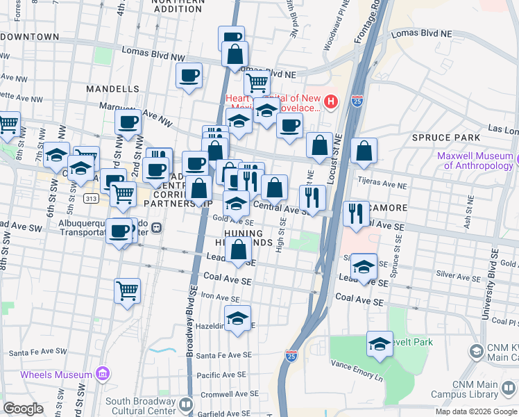 map of restaurants, bars, coffee shops, grocery stores, and more near in Albuquerque