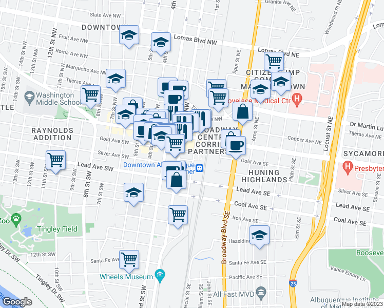 map of restaurants, bars, coffee shops, grocery stores, and more near in Albuquerque