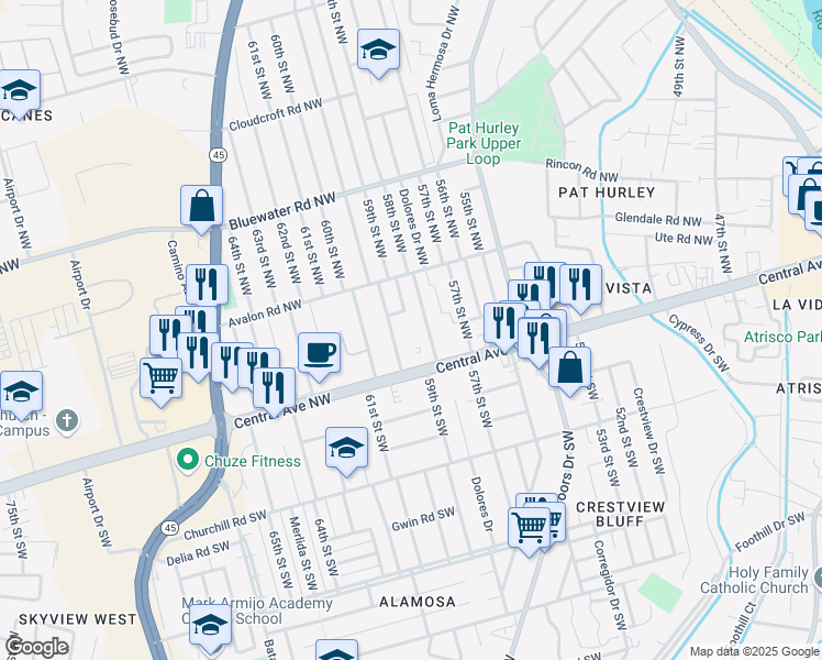map of restaurants, bars, coffee shops, grocery stores, and more near 214 58th Street Northwest in Albuquerque