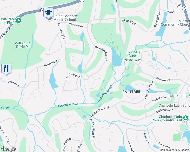 map of restaurants, bars, coffee shops, grocery stores, and more near 4800 Rounding Run Road in Charlotte