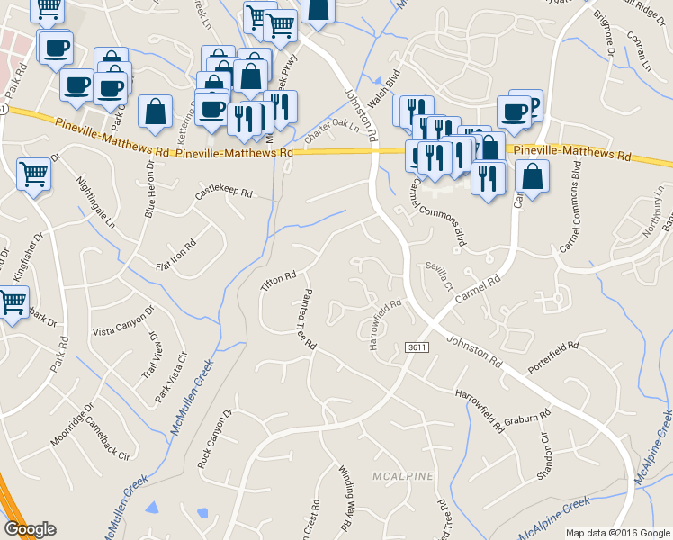 map of restaurants, bars, coffee shops, grocery stores, and more near 11020 Carmel Crossing Road in Charlotte