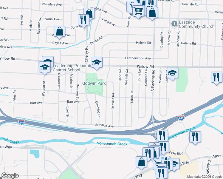 map of restaurants, bars, coffee shops, grocery stores, and more near 1765 Danville Road in Memphis