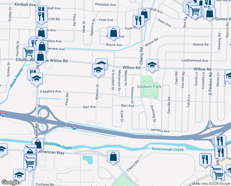 map of restaurants, bars, coffee shops, grocery stores, and more near 1754 South Goodlett Street in Memphis