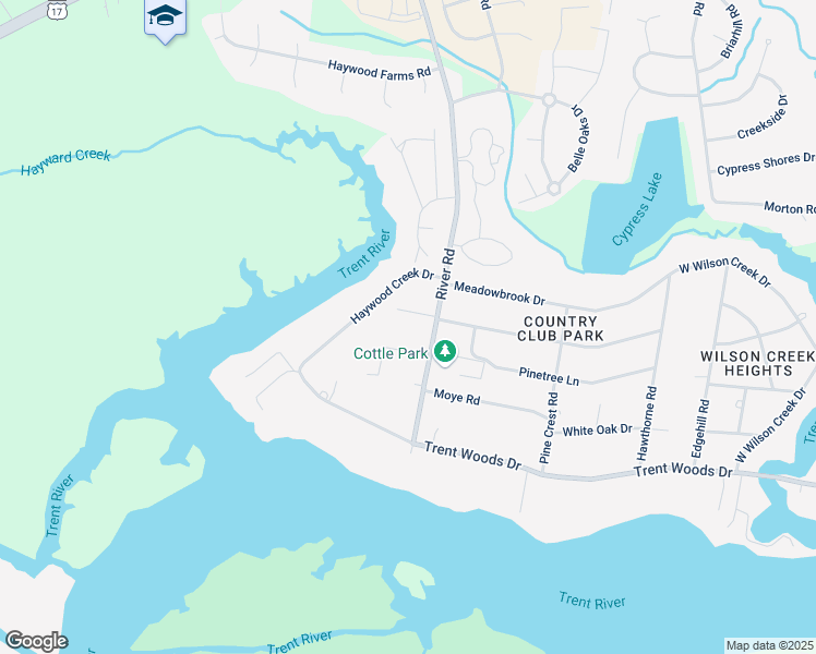 map of restaurants, bars, coffee shops, grocery stores, and more near 524 Haywood Creek Drive in Trent Woods