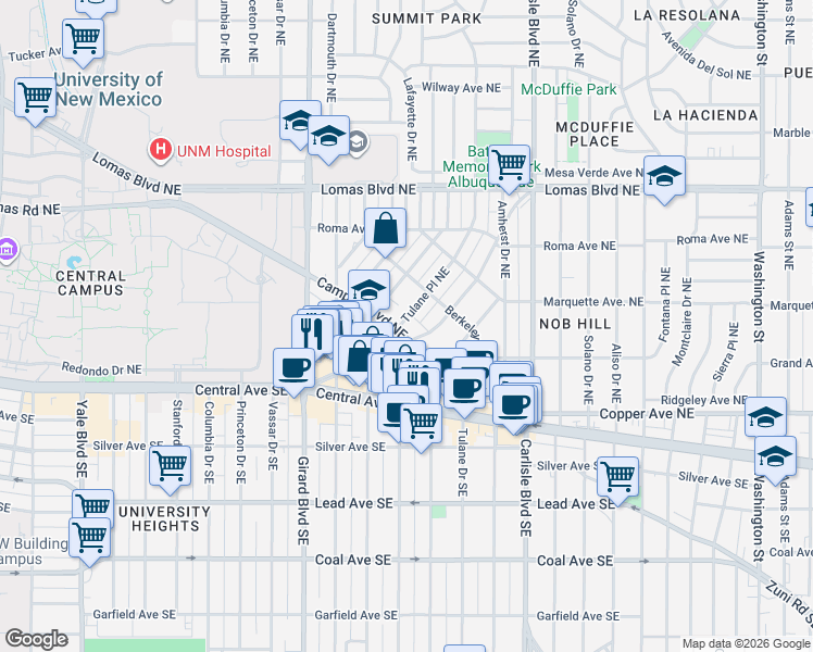 map of restaurants, bars, coffee shops, grocery stores, and more near 311 Tulane Place Northeast in Albuquerque