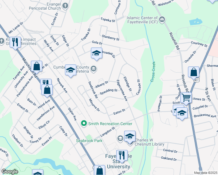 map of restaurants, bars, coffee shops, grocery stores, and more near 516 Spaulding Street in Fayetteville
