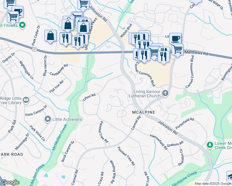 map of restaurants, bars, coffee shops, grocery stores, and more near 11035 Carmel Crossing Road in Charlotte