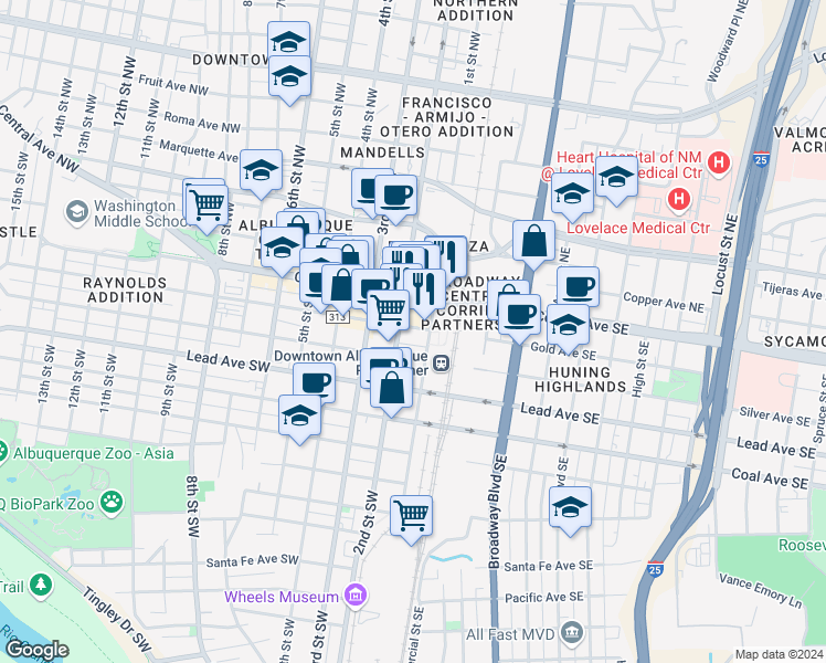 map of restaurants, bars, coffee shops, grocery stores, and more near in Albuquerque