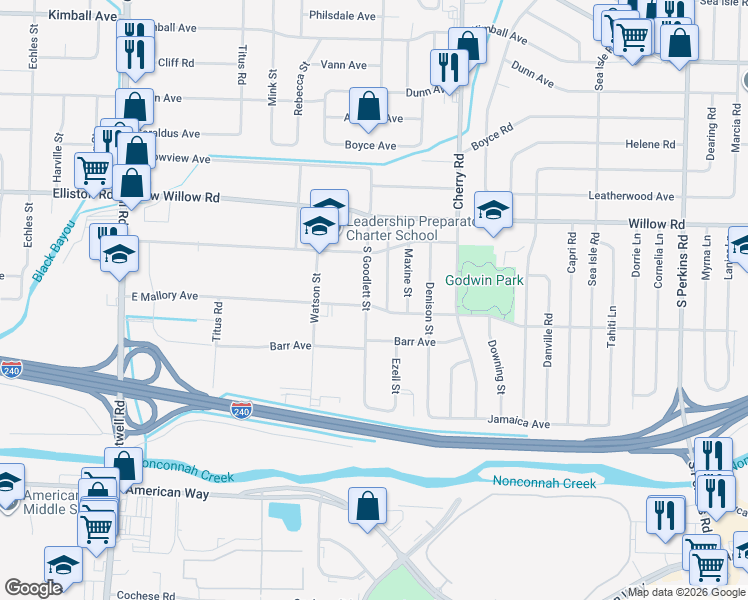 map of restaurants, bars, coffee shops, grocery stores, and more near 1754 South Goodlett Street in Memphis