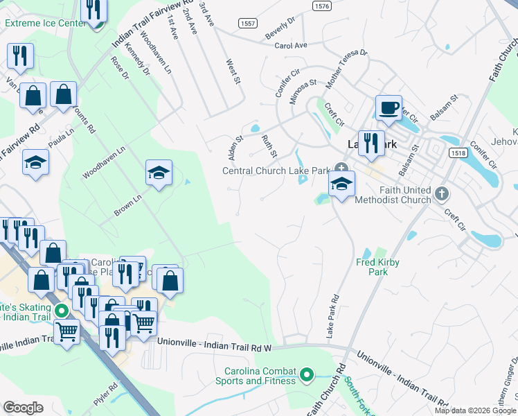 map of restaurants, bars, coffee shops, grocery stores, and more near 3606 Ruth Street in Indian Trail