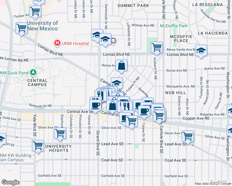 map of restaurants, bars, coffee shops, grocery stores, and more near 3211 Monte Vista Boulevard Northeast in Albuquerque