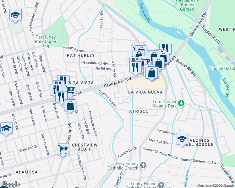 map of restaurants, bars, coffee shops, grocery stores, and more near 123 47th Street Southwest in Albuquerque