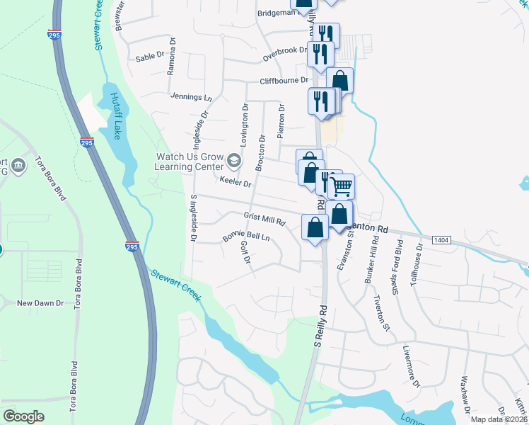 map of restaurants, bars, coffee shops, grocery stores, and more near 6535 Acus Court in Fayetteville