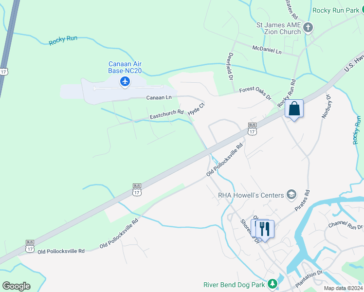 map of restaurants, bars, coffee shops, grocery stores, and more near 5206 U.S. Highway 17 South in New Bern