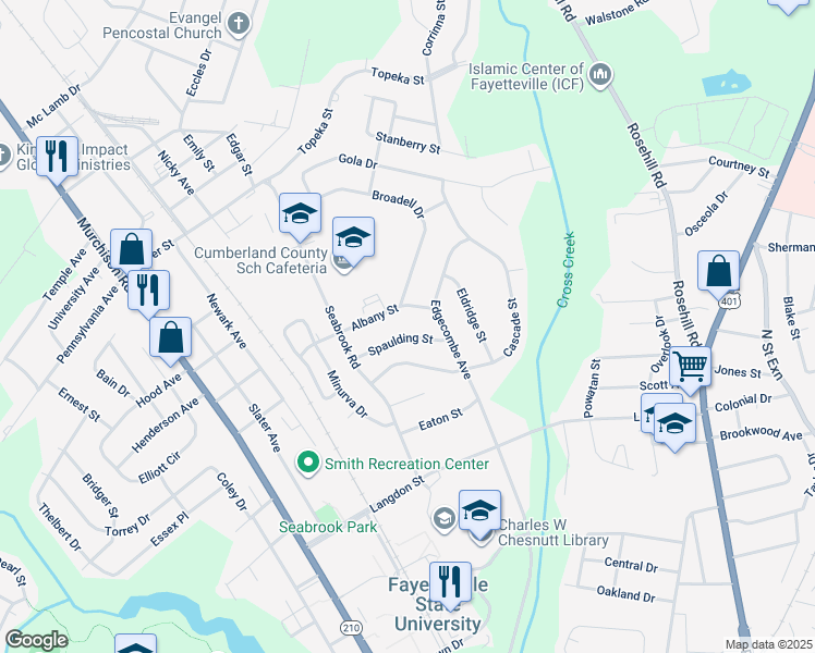 map of restaurants, bars, coffee shops, grocery stores, and more near 514 Spaulding Street in Fayetteville
