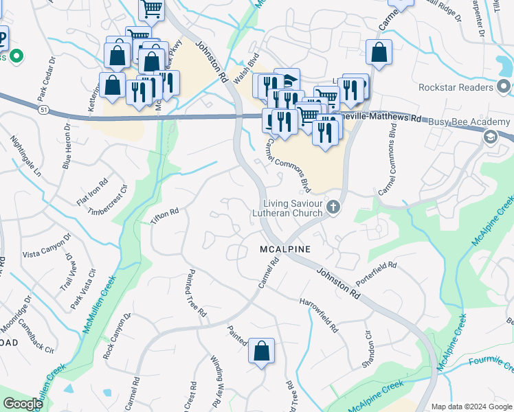 map of restaurants, bars, coffee shops, grocery stores, and more near 10904 Carmel Crossing Road in Charlotte