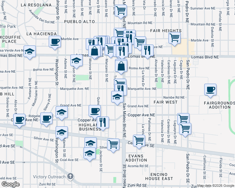 map of restaurants, bars, coffee shops, grocery stores, and more near 334 Truman Street Northeast in Albuquerque