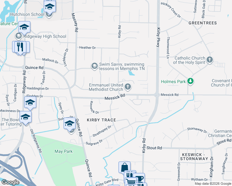 map of restaurants, bars, coffee shops, grocery stores, and more near 2396 Kirby Road in Memphis
