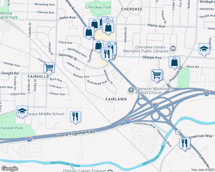 map of restaurants, bars, coffee shops, grocery stores, and more near 1773 Wildrose Street in Memphis