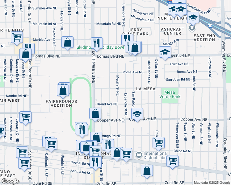 map of restaurants, bars, coffee shops, grocery stores, and more near 438 Chama Street Northeast in Albuquerque