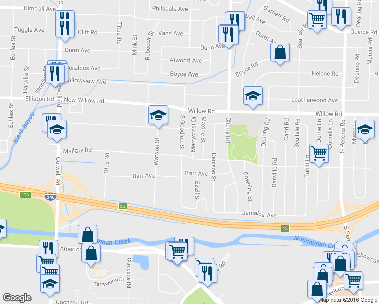 map of restaurants, bars, coffee shops, grocery stores, and more near 1771 Merrycrest Drive in Memphis