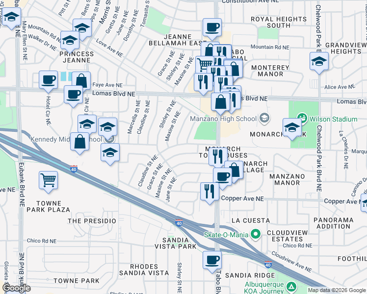 map of restaurants, bars, coffee shops, grocery stores, and more near 701 Mildred Street Northeast in Albuquerque