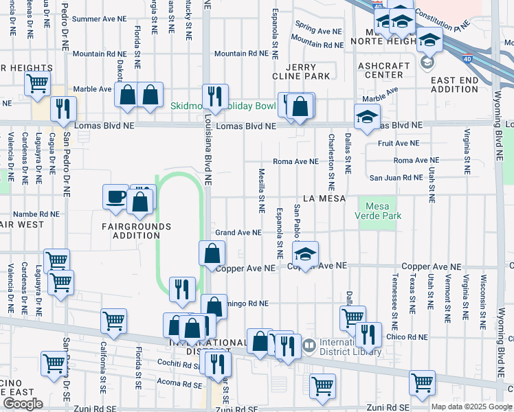 map of restaurants, bars, coffee shops, grocery stores, and more near 438 Chama Street Northeast in Albuquerque